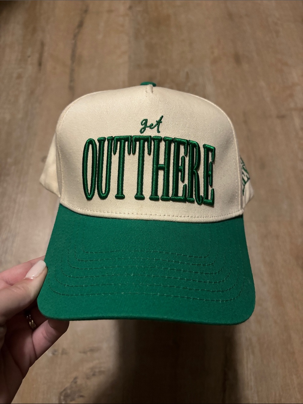 Kaxi x Chanwiththeboys Green and Cream 'Get Out There' Embroidered Trucker Cap